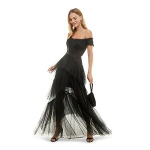 CITY STUDIO Tiered-Tulle Glitter-Knit Evening Dress Gown Black 15